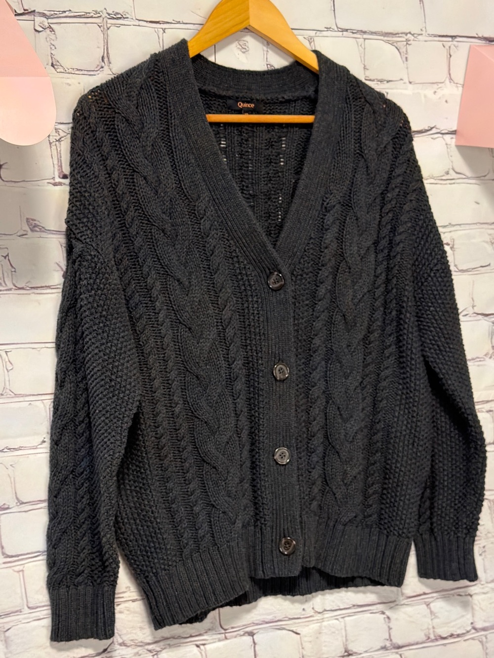 QUINCE OVERSIZED CABLE KNIT ORGANIC COTTON CARDIGAN CHUNKY V NECK WARM TIMELESS - Picture 3 of 11